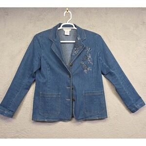 Susan Graver Jacket Womens S Blue Floral Beaded Embroidered Denim Blazer Stretch